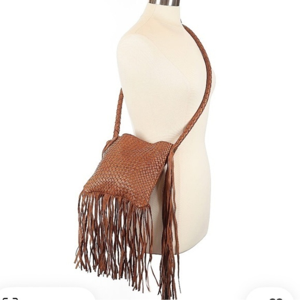 MAX & JAN Brown Woven Fringe Festival Leather Crossbody Shoulder Bag - NWOT